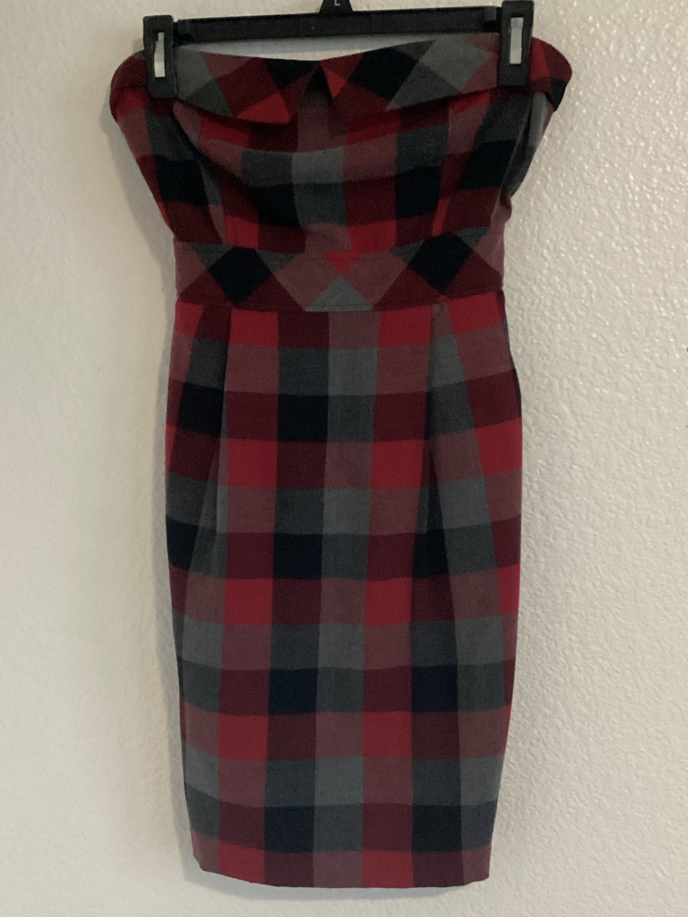 Forever 21 Red and Gray Strapless Plaid Sheath Dress